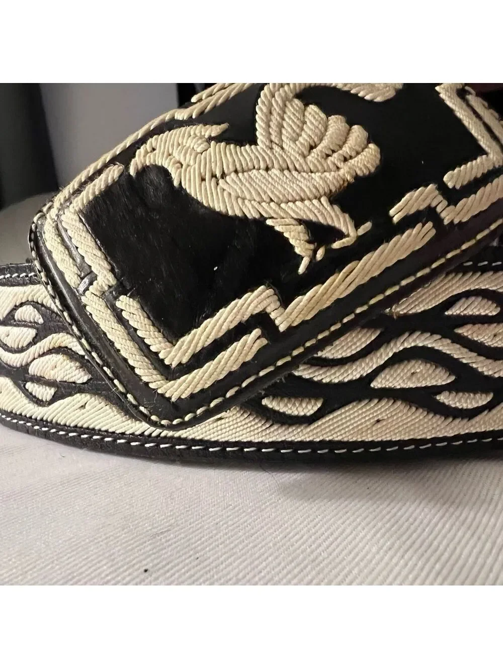 Vintage Rooster Belt Embroidered Buckle Leather Rockabilly Black White XL
